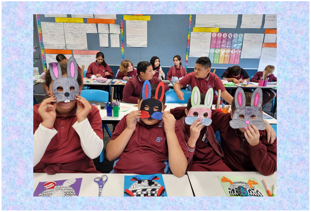 Students wearing their rabbit masks