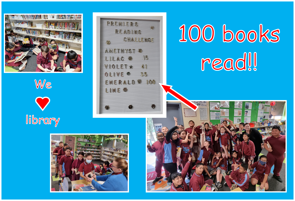 Students reading in the library, borrowing from the library and the tally saying 100 books read