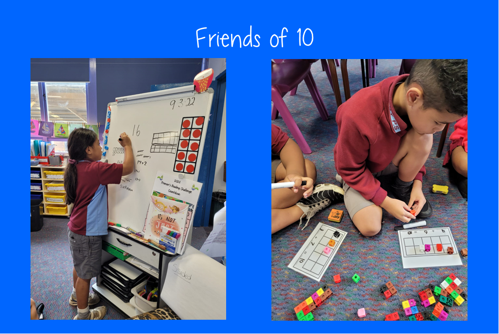 Students learning about friends of 10 on the whiteboard and small grids